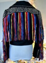 Black Leather Multi Color Fringes Silver Studded Jacket