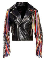 Black Leather Multi Color Fringes Silver Studded Jacket