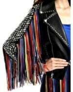 Black Leather Multi Color Fringes Silver Studded Jacket