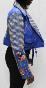 Blue Spiked Short Leather Women's Jacket