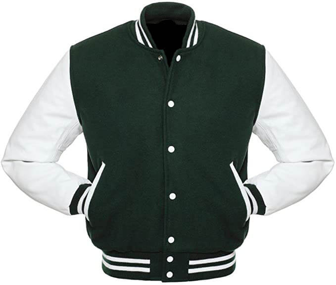 Varsity Letterman Bomber Baseball Forest Green Wool & Gray Leather Sleeve  jacket