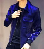Metallic Blue Leather Men's Fashion Jacket