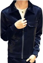 Metallic Navy Blue Leather Men's Fashion Jacket