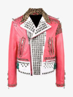 Multi-Color Block Panel Studded Leather Jacket