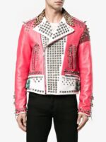 Multi-Color Block Panel Studded Leather Jacket