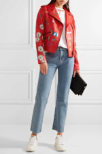 Red Painted Leather Biker Jacket