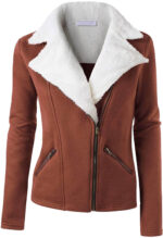 Brown Wool White Fur Women's Zip Up Jacket