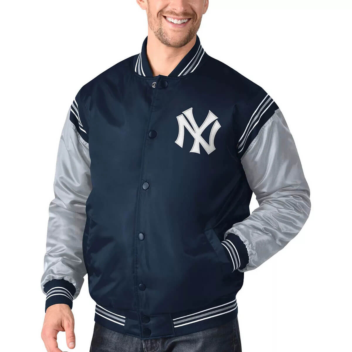 Maker of Jacket Men Jackets Navy/Gray New York Yankees Varsity Satin