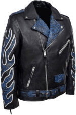 Black Classic Brando Blue Flames Biker Leather Jacket