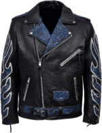 Black Classic Brando Blue Flames Biker Leather Jacket