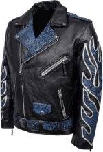 Black Classic Brando Blue Flames Biker Leather Jacket