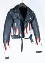 Black Cropped Flames Biker Leather Jacket