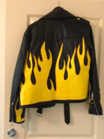 Black Vintage Yellow Flames Biker Leather Jacket