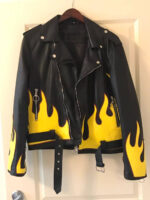 Black Vintage Yellow Flames Biker Leather Jacket