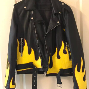 Black Vintage Yellow Flames Biker Leather Jacket