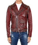 Burgundy Leather Silver Studded Belted Buckle Jacket
