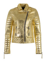 Golden Metallic Leather Padded Biker Jacket