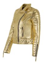 Golden Metallic Leather Padded Biker Jacket