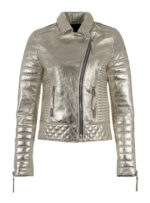 Silver Metallic Leather Padded Biker Jacket
