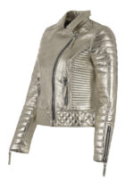 Silver Metallic Leather Padded Biker Jacket