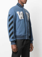 Blue Wool Black Striped Sleeves Varsity Bomber Jacket