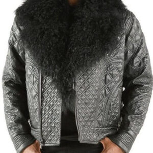 Black Pelle Pelle Quilted Fur Collar Biker Jacket