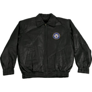 Black Navy Leather Bomber Jacket With Navy Logo