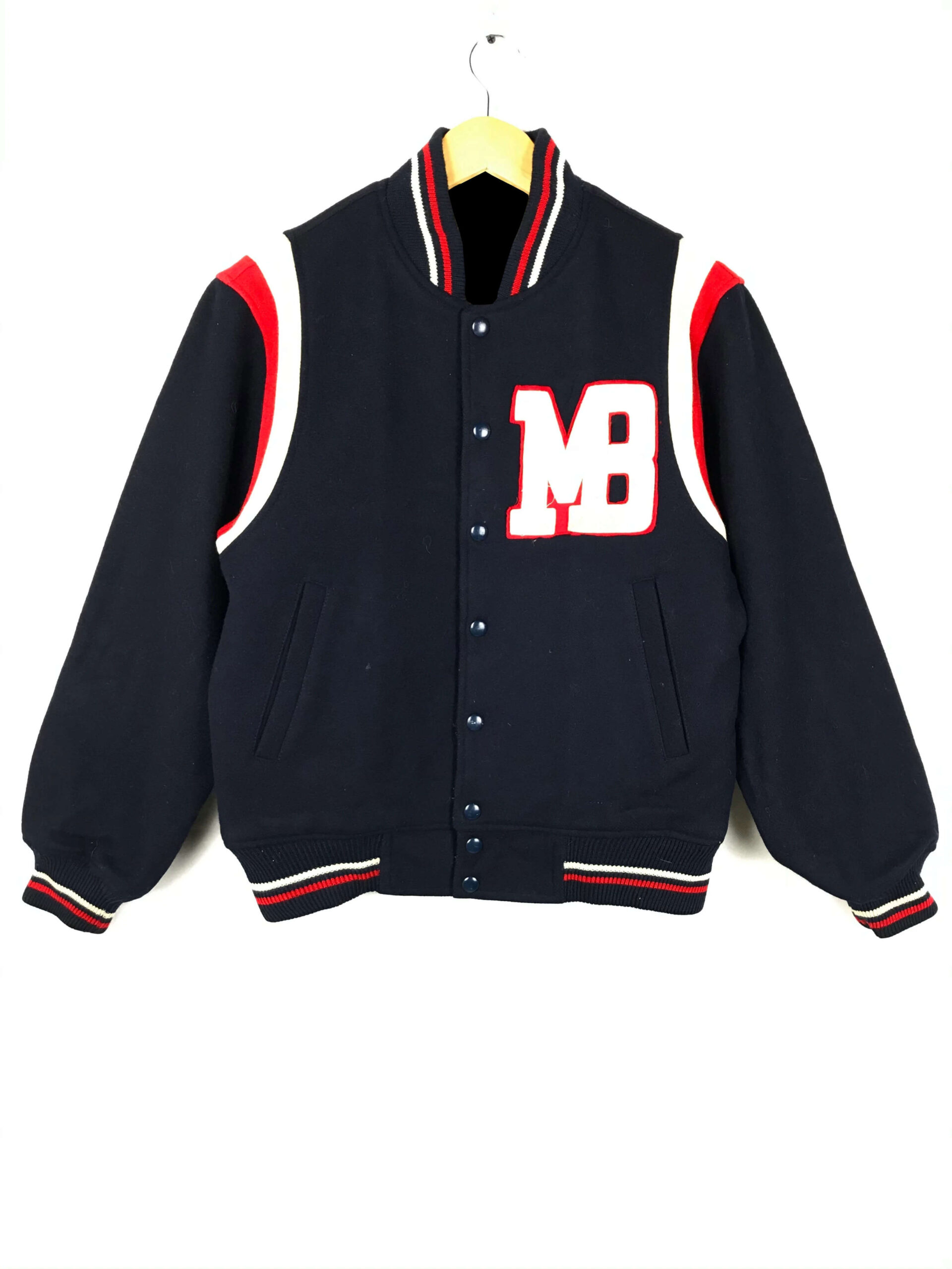 Navy Blue Faux Leather Sleeves White Wool Varsity Jacket