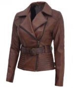 Brown Belted Asymmetrical Biker Jacket
