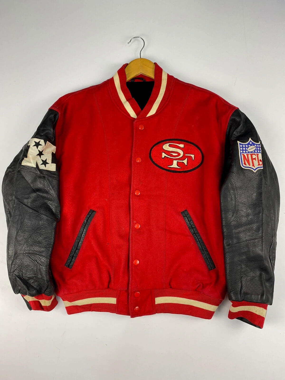 San Francisco 49ers Black Letterman Varsity Jacket with Leather Sleeves  CUSTOM
