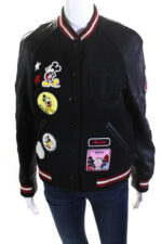 Black Disney Coach Mickey Mouse Patch Varsity Jacket