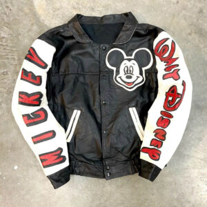 Mickey Mouse Portrait Spell out Leather Jacket