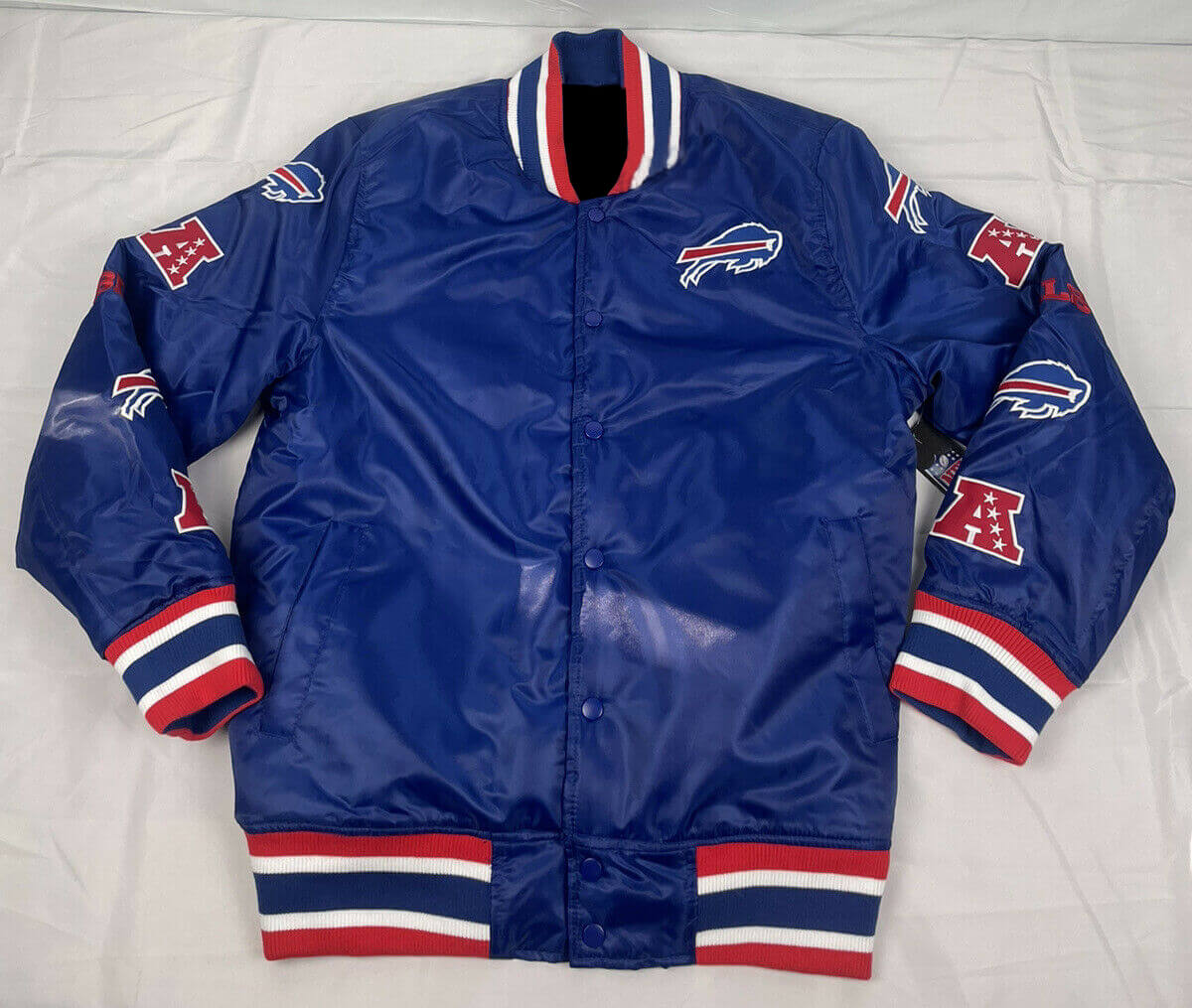 NFL Varsity Satin Buffalo Bills Royal Blue and Red Jacket