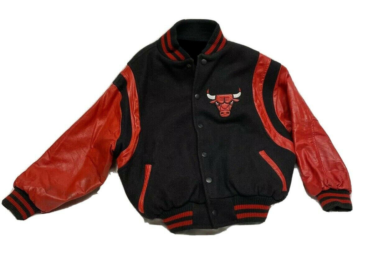 Vintage Chicago Bulls 90's Basketball Letterman Bomber Black Leather Jacket  - VCB-001