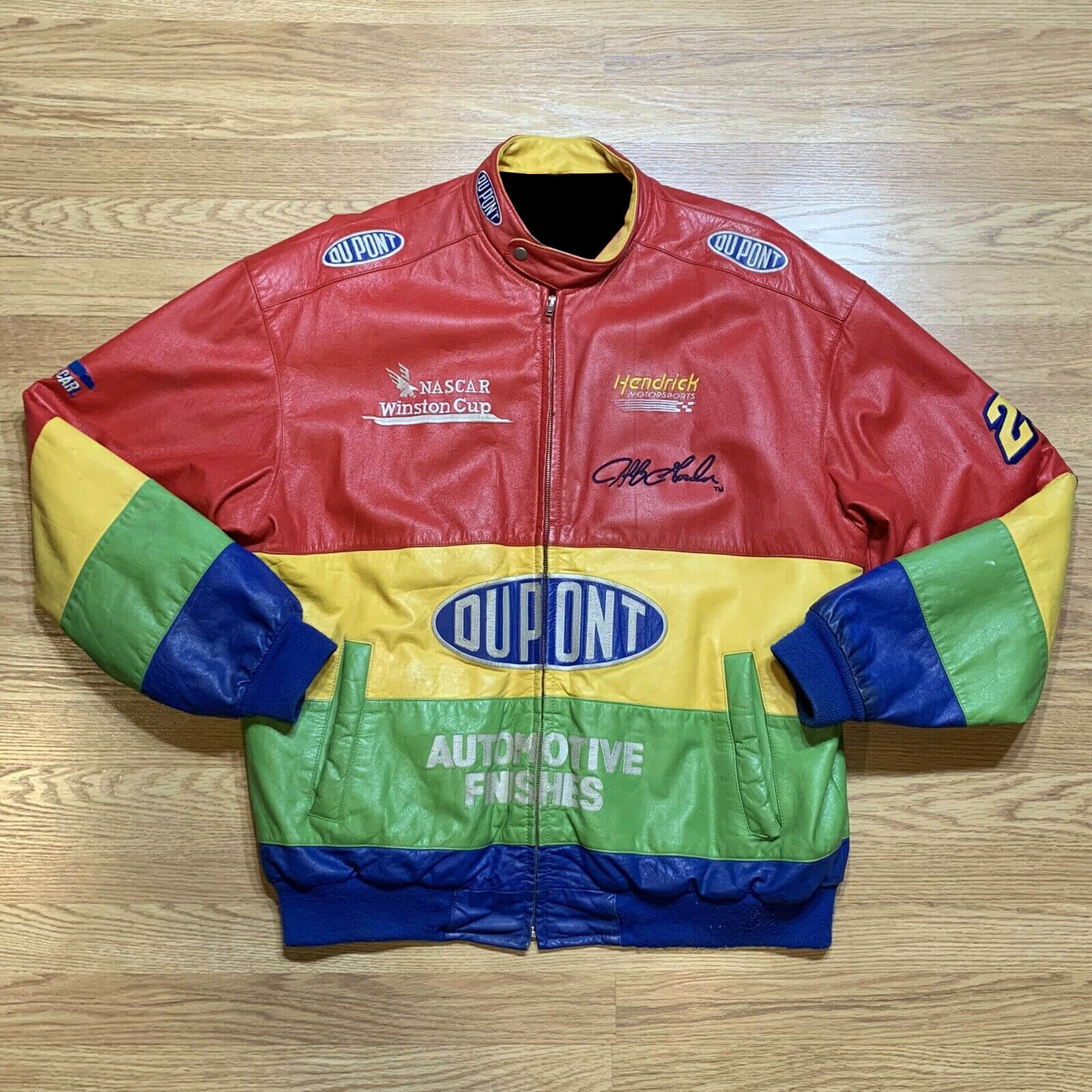 Jeff Gordon DuPont NASCAR Rainbow Leather Jacket - Maker of Jacket