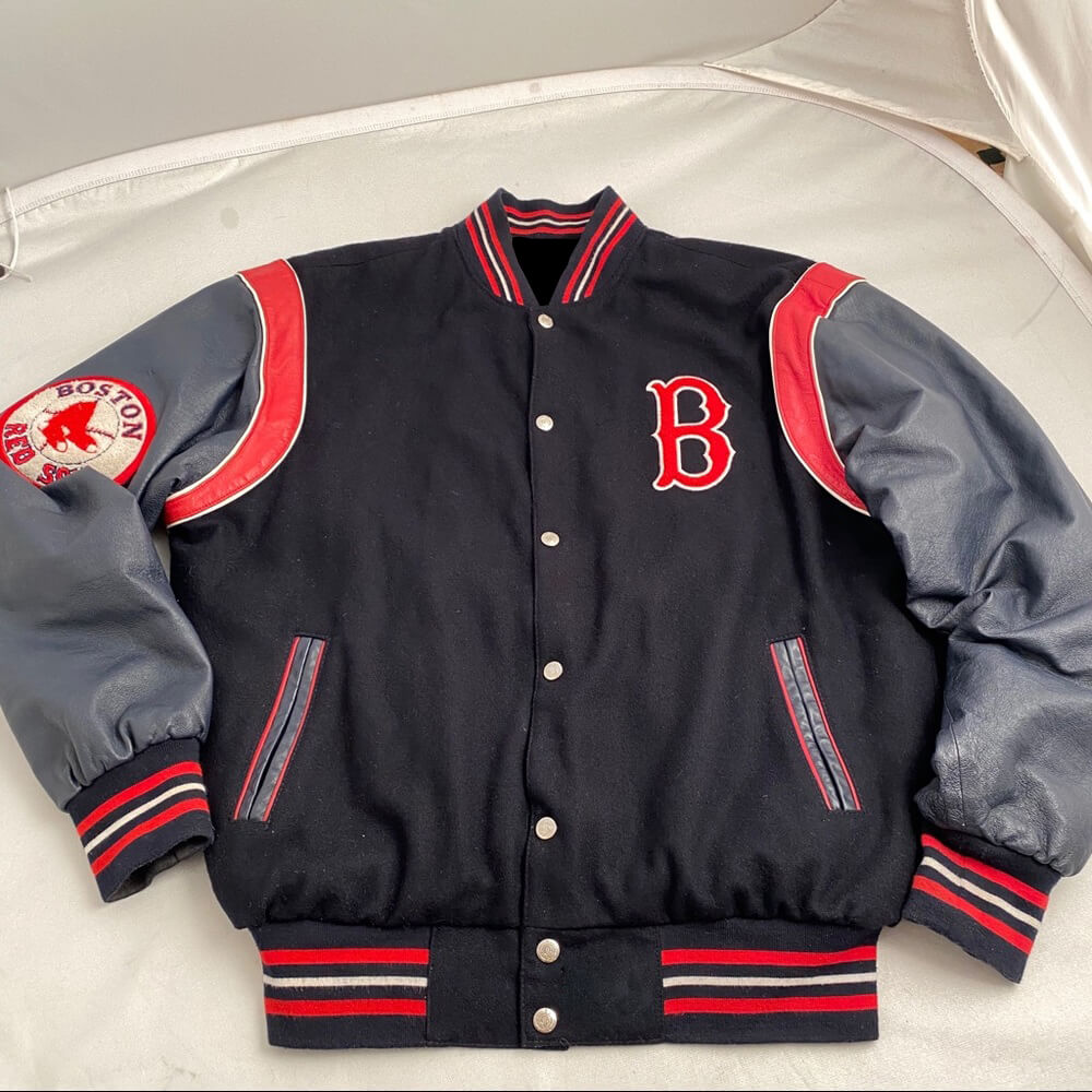 Maker of Jacket MLB Boston Red Sox Black Gray Wool Leather