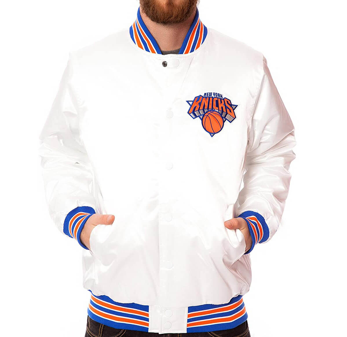 Maker of Jacket Sports Leagues Jackets NBA Teams Vintage New York Knicks White Satin