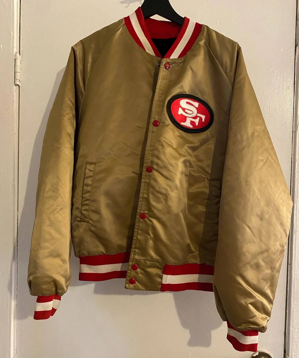 Buy the Vintage San Francisco 49ers Gold Satin Jacket XL Bomber Chalk Line