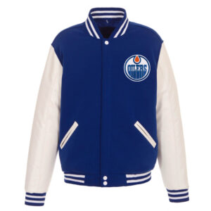 Edmonton Oilers NHL Royal White Varsity Jacket (front)