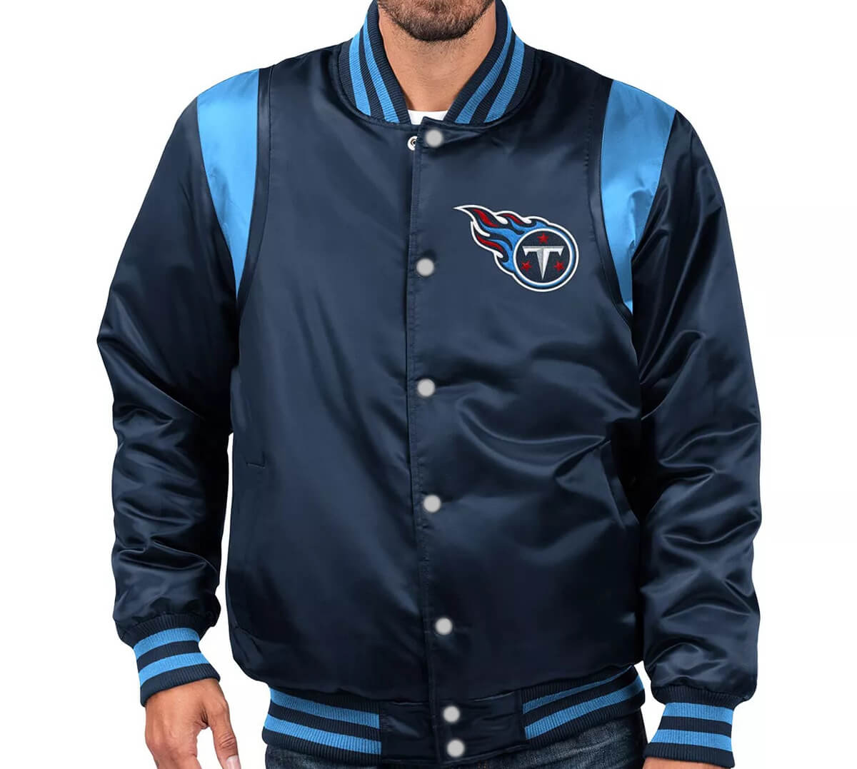 Maker of Jacket Sports Leagues Jackets NFL Team Tennessee Titans Satin Snap
