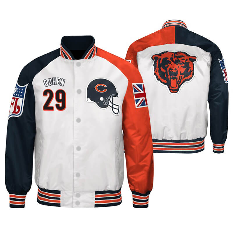 White&Navy Chicago Bears Satin Varsity Jacket - Maker of Jacket