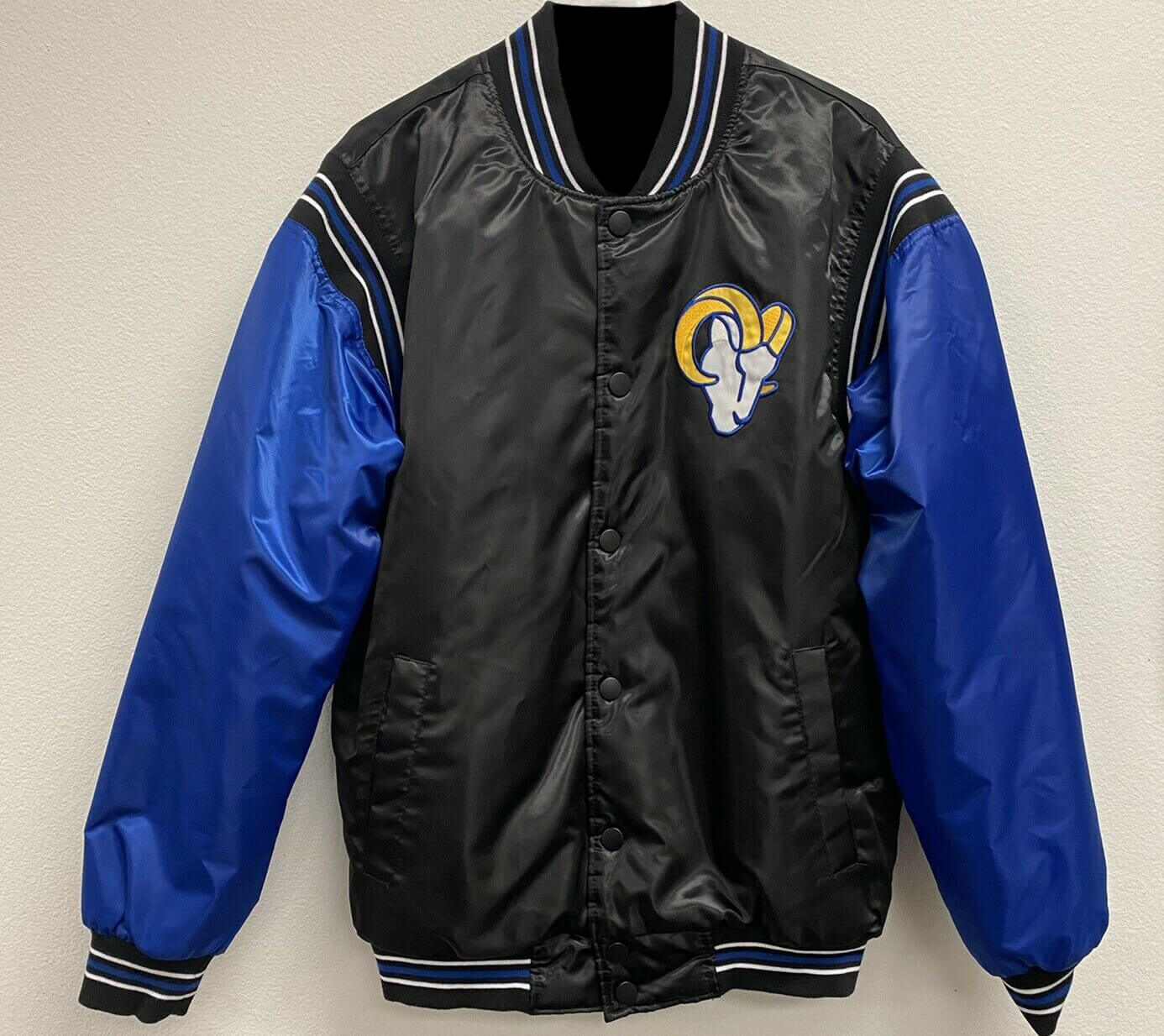 Maker of Jacket NFL Los Angeles Rams Black Blue Satin