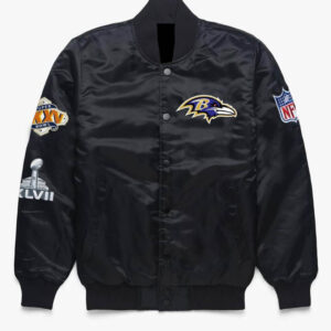 Maker of Jacket NFL Baltimore Ravens Lamar Jackson 8 Tricolor Satin