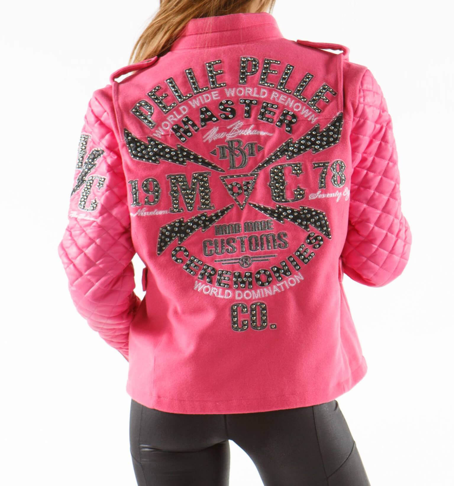 Pelle Pelle Pink MC Studded Varsity Jacket Maker of Jacket