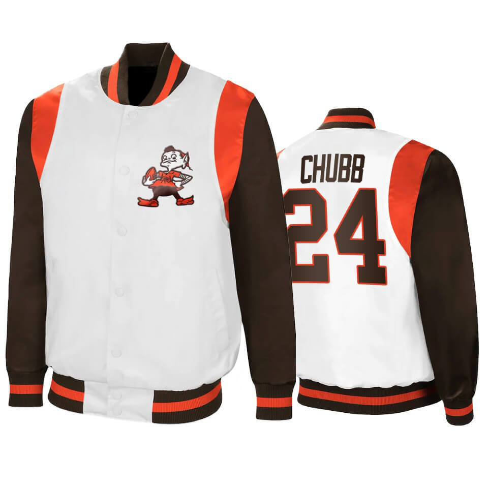 White & Brown Cleveland Browns Satin Varsity Jacket - Maker of Jacket