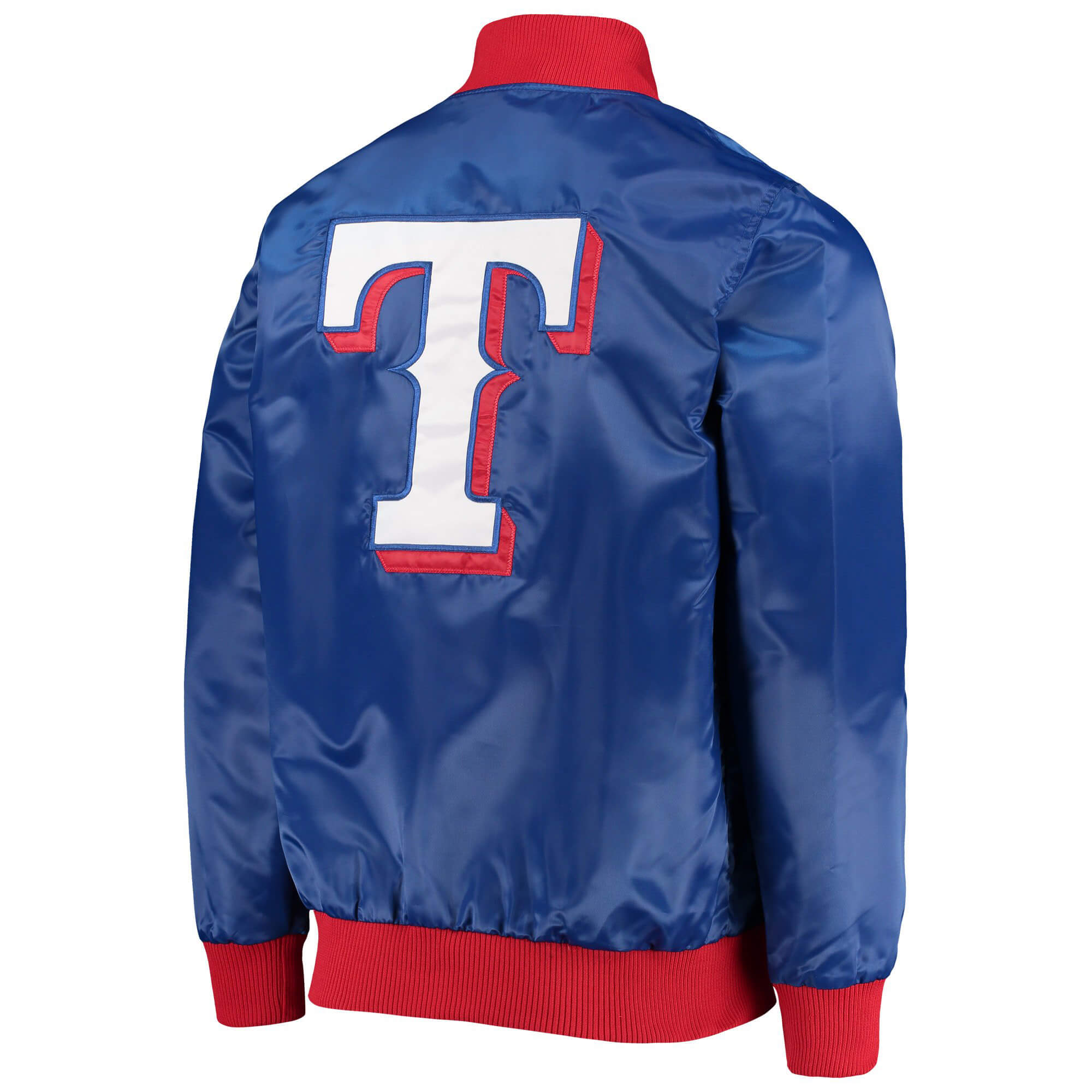 Maker of Jacket Sports Leagues Jackets MLB Texas Rangers Royal Blue and Red Satin