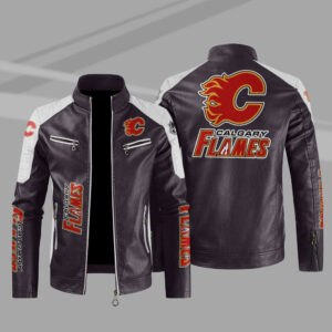 Calgary Flames Block Brown White NHL Leather Jacket