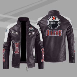 Edmonton Oilers Block Brown White Leather Jacket