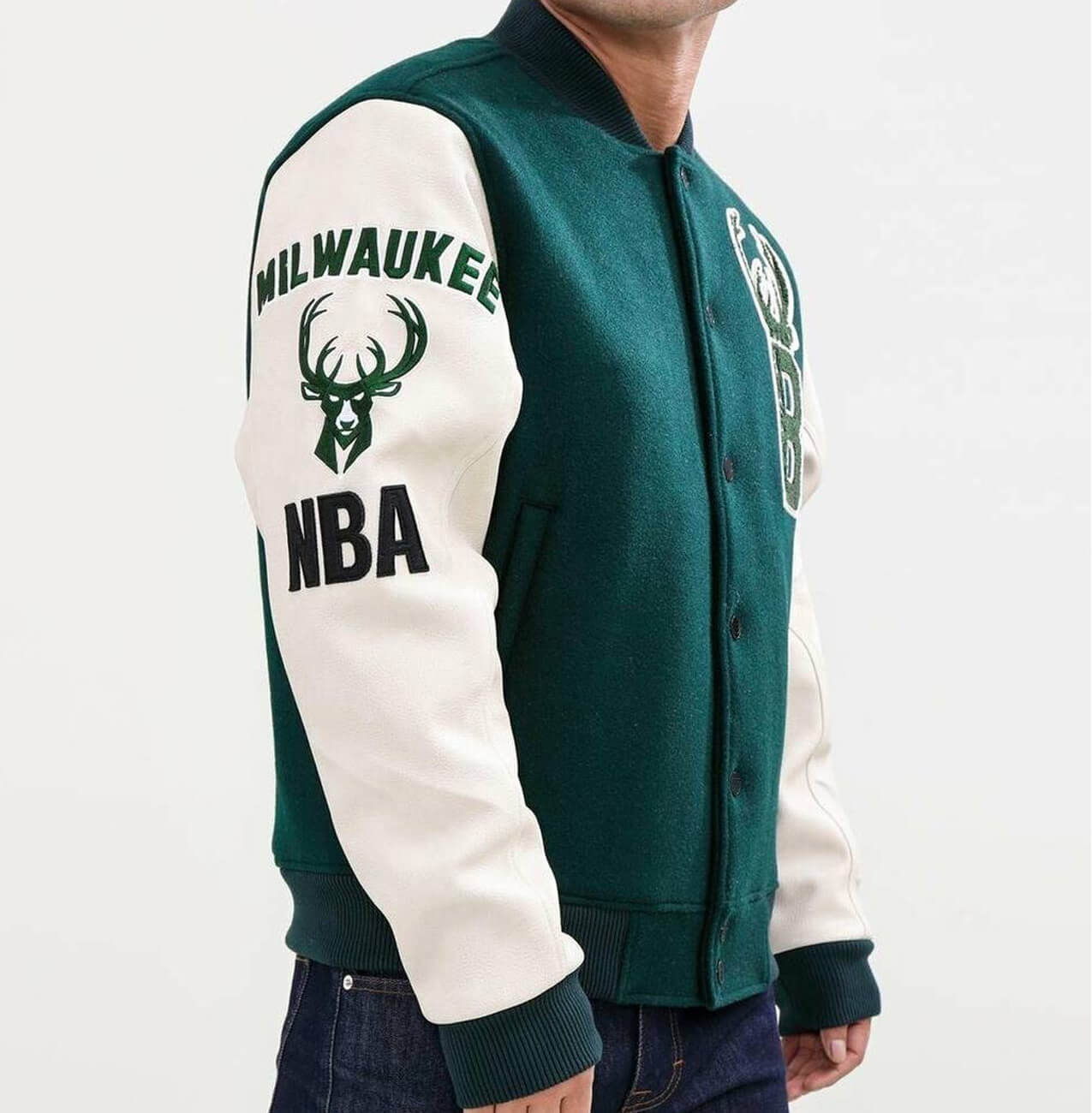 NBA Milwaukee Bucks Green And White Varsity Jacket - Maker of Jacket