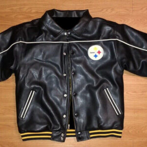 NFL Black Gold Zipper Pittsburgh Steelers Suede Leather Bomber Jacket Size M